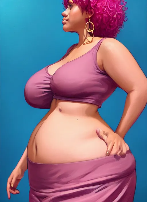 Image similar to full body portrait, teenage vanessa morgan, pink hair, brown skin, obese, curly pixie hair, sultry, realistic, short hair, hoop earrings, skirt, shirt, fat, belly, intricate, elegant, highly detailed, digital painting, artstation, concept art, smooth, sharp focus, illustration, art by wlop, mars ravelo and greg rutkowski