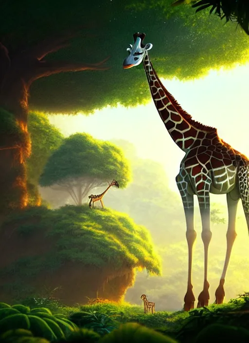 Image similar to a wholesome animation key shot of a giraffe, jungle in the background, studio ghibli, pixar and disney animation, sharp, rendered in unreal engine 5, anime key art by greg rutkowski, bloom, dramatic lighting