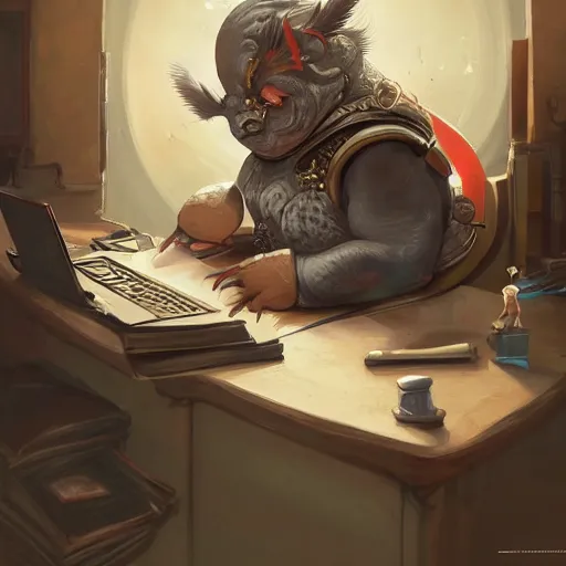 Image similar to a insanely detailed painting of a chubby masked asian man wearing a costume sitting at a desk, staring at the nervously at the computer typing, in the style of peter mohrbacher, dramatic lighting and composition, trending on artstation, concept art, comic book