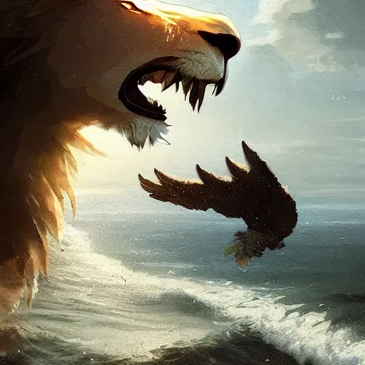 Prompt: A lion with eagle wings coming out of the sea , digital Art, Greg rutkowski, Trending artstation, cinematographic, hyperrealistic