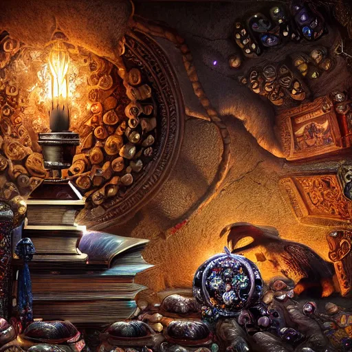 Prompt: epic Photo of an ancient dark byzantine cave interior, ornate oil lamp on a pile of crystals, books covered in jewels, ornate, surrounded by strange crystals and treasure, full of sand and glitter, hyper real, Indiana Jones, Tomb Raider, trending on artstation, concept art, cinematic, jewels, 35mm lens