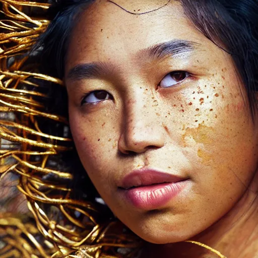 Image similar to A perfect pacific islander female goddess stands for a waist up portrait with her body sightly wrapped in thin gold wire creatively arranged so as to look like Borneo tattoos, in an abandoned barn, hyper photo realistic 8K HD HDRI, photo by Annie Leibovitz.