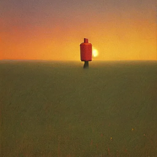 Prompt: a giant robot standing in a field at sunset by Beksinski