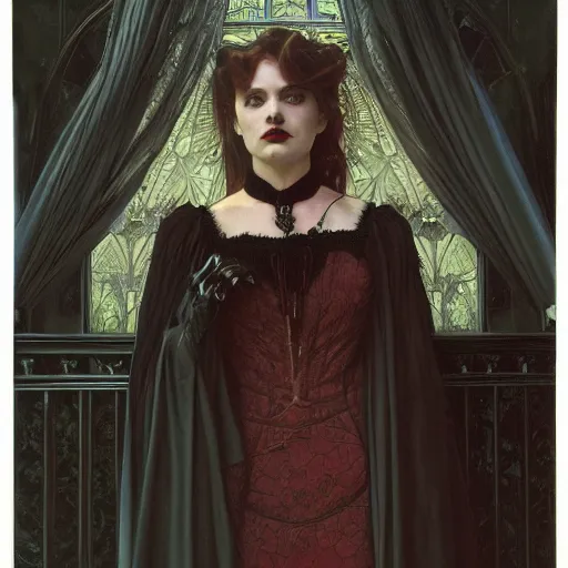 Prompt: portrait of a lady vampire, 35mm, victorian, depth of field, ominous, sharp, highly detailed, photorealistic, realistic, unreal 5, high definition, 8k, deviantart, donato giancola, irwin penn, ((Alphonse Mucha))