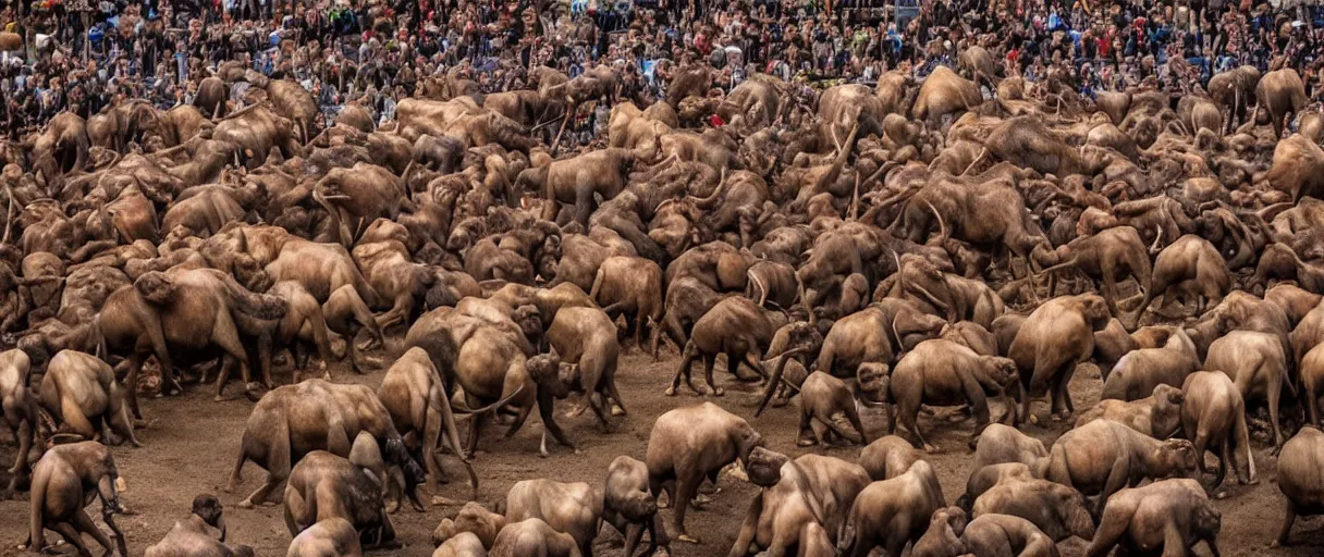 Prompt: made 1 5 0 neanderthal people fighting againts one mammoth, perfect dynamic posture, perfect dynamic environment, perfect dynamic body form, perfect dynamic pose, trending pinterest, perfect dynamic position, award winning photo by national geographic, and pulittzer winner, realistic, bokeh, reduce duplication interference