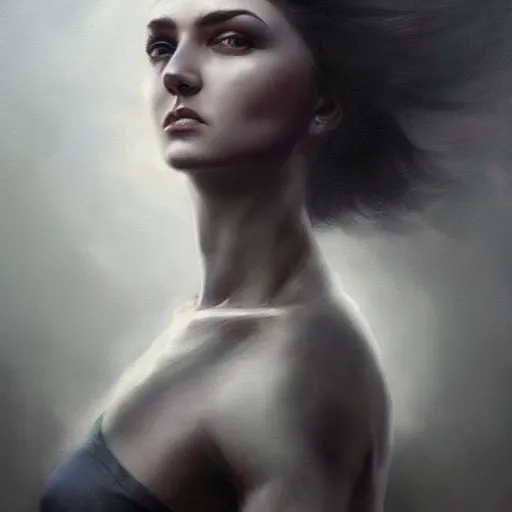 Image similar to painting of a beautiful grey haired girl with muscles, by tom bagshaw, greg rutkowski, wlop
