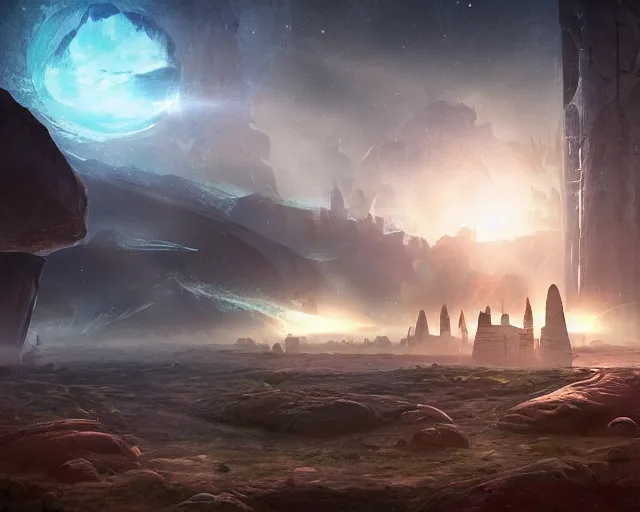 Image similar to galactic civilization, ambient, ruins, digital art, detailed, volumetric lighting