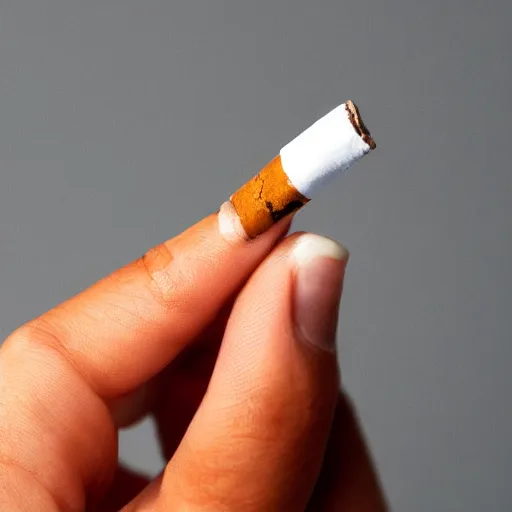 Prompt: Close-up of highly realistic hand holding cigarette with smoke, vintage, white background,