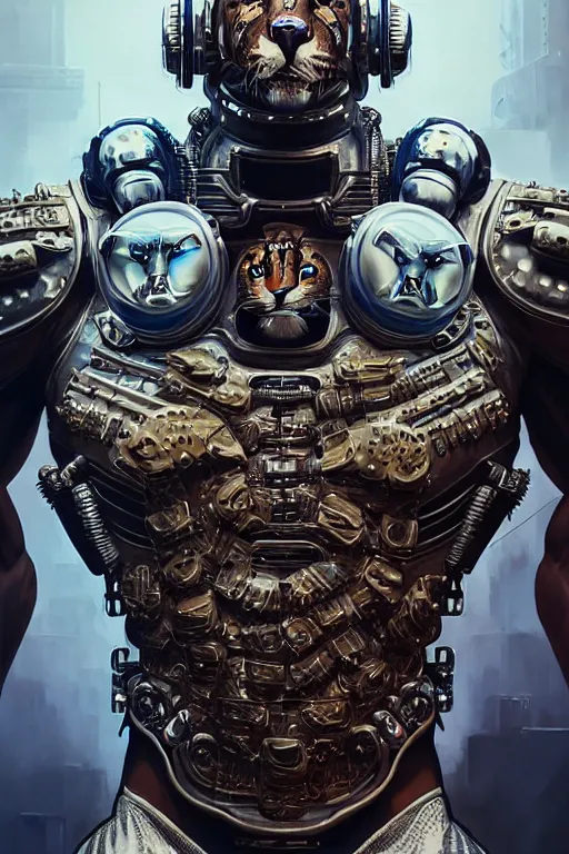 Image similar to a portrait of a muscular anthropomorphic cyberpunk jaguar in spacesuit armor with ensignia on chest plate by sandra chevrier, by jon foster, detailed render, post - processing, extremely hyperdetailed, intricate, epic composition, cybernetics, 4 k realistic, cryengine, realistic shaded lighting, sharp focus, masterpiece, by enki bilal