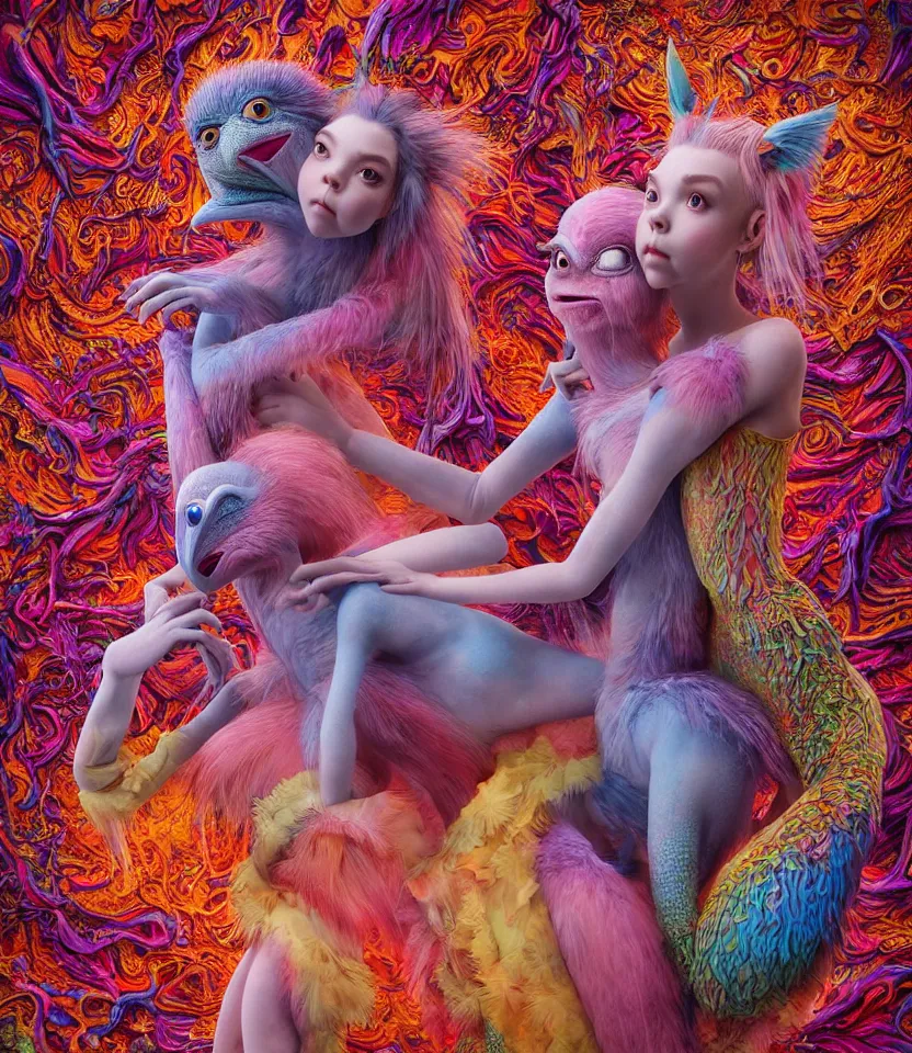 Prompt: hyper detailed 3d render like a Oil painting - kawaii portrait of jejune lovers embrace holding each other Aurora (a beautiful girl skeksis muppet fae princess protective playful expressive acrobatic from dark crystal that looks like Anya Taylor-Joy) seen red carpet photoshoot in UVIVF posing in scaly dress to Eat of the Strangling network of yellowcake aerochrome and milky Fruit and His delicate Hands hold of gossamer polyp blossoms bring iridescent fungal flowers whose spores black the foolish stars by Jacek Yerka, Ilya Kuvshinov, Mariusz Lewandowski, Houdini algorithmic generative render, golen ratio, Abstract brush strokes, Masterpiece, Edward Hopper and James Gilleard, Zdzislaw Beksinski, Mark Ryden, Wolfgang Lettl, hints of Yayoi Kasuma and Dr. Seuss, Grant Wood, octane render, 8k