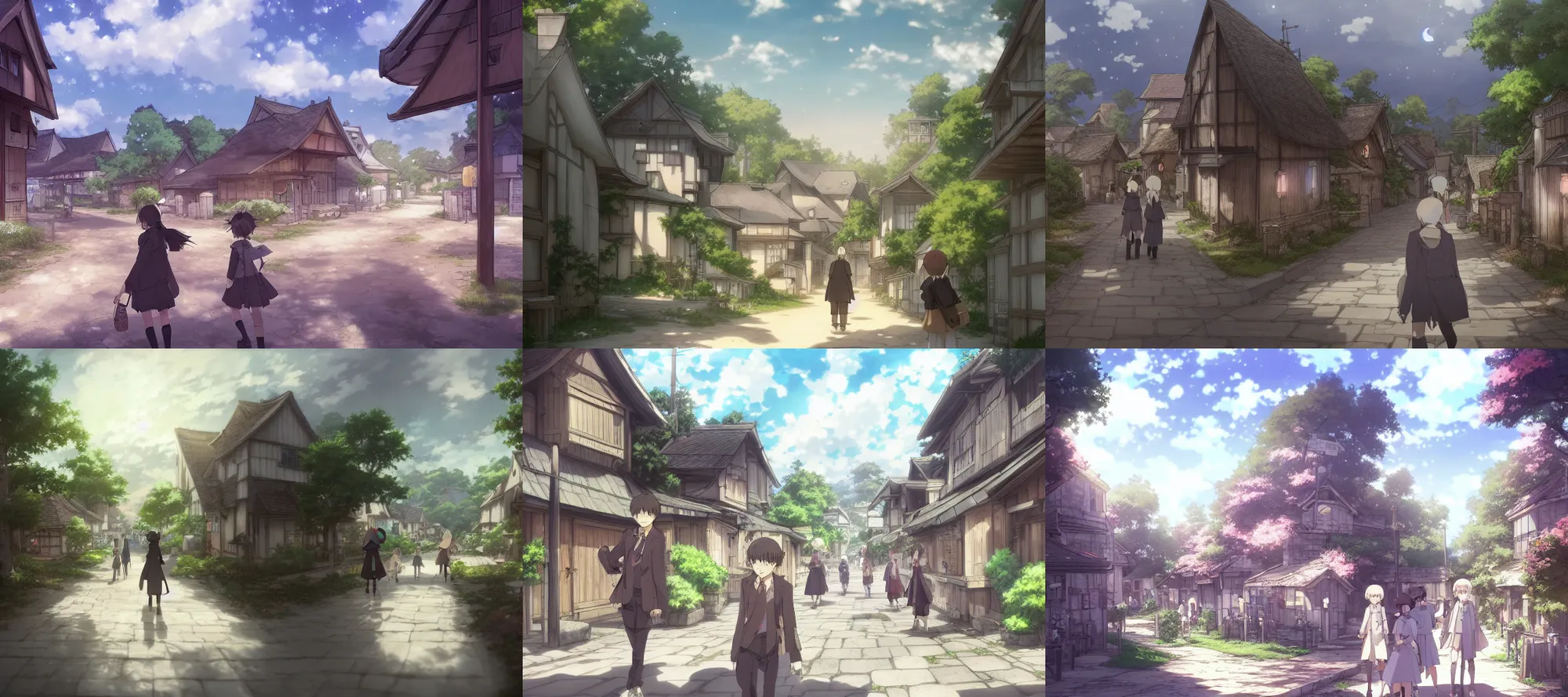 Prompt: people walking around a peaceful village, artstation, trending, deviantart, digital art, mesmerizing, beautiful, focus, smooth, concept art, beautiful, highly detailed, anime, by wit studio, mappa, ufotable, kyoto animation