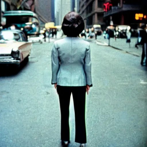 Prompt: street photography portrait of a woman in a suit in the streets of new york, 1 9 6 0 s, photo taken with ektachrome, featured on flickr, photographed on damaged film