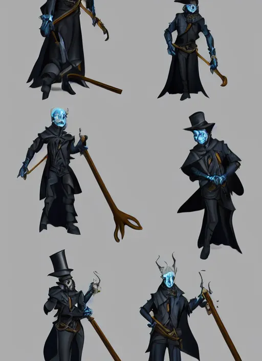 Prompt: DND character art, skeletal male figure, wearing a deep black suit!!! and tie and top hat, holding a gold! cane!, blue flames!!