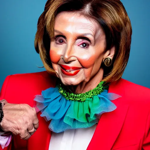 Prompt: Nancy Pelosi dressed up as a clown, studio portrait, extremely detailed