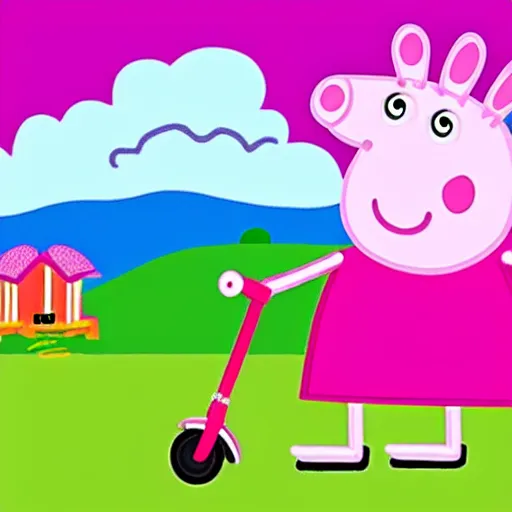 Image similar to peppa pig riding a scooter on a mountain