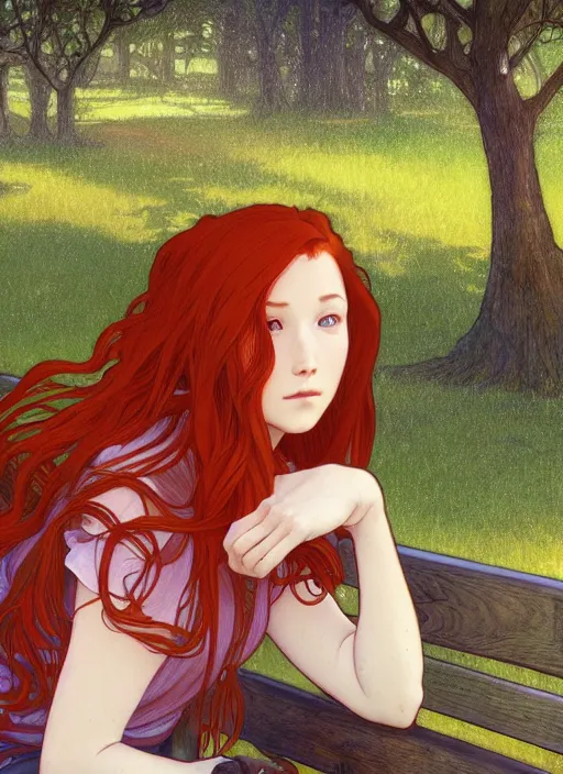 Image similar to pretty young woman with long red hair sitting on a park bench at the dead of night, path traced, highly detailed, high quality, digital painting, by studio ghibli and alphonse mucha, leesha hannigan, makoto shinkai, disney