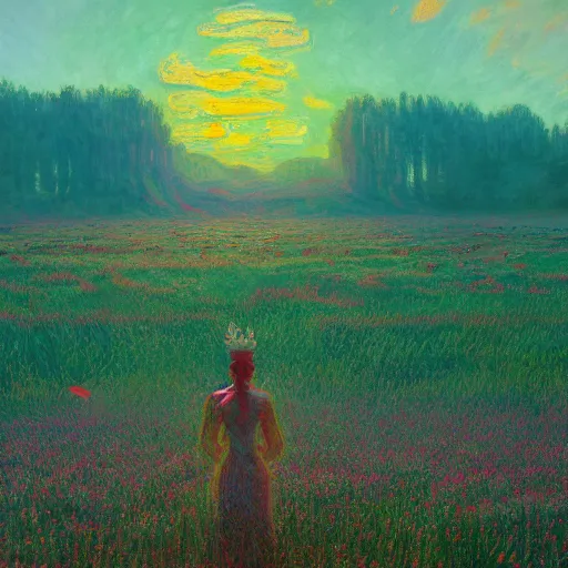 Prompt: highly detailed scene, HD symbolic natural, artstation style, artstation form, The queen of the sun, by Simon Stålenhag and Claude Monet, oil on canvas