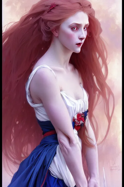 Prompt: portrait of a beautiful young fit girl vampire with long blonde hair and blue eyes, wearing a dress, by greg rutkowski and alphonse mucha, d & d character, gradient white to red, modern nocturnal background, highly detailed portrait, digital painting, artstation, concept art, smooth, sharp focus ilustration, artstation hq