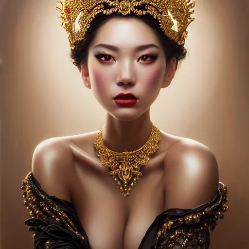 Prompt: expressive oil painting, of alluring european princess, happy seductive look, smooth glowing skin, glistening body, love, adoration, blushing, ornate headpiece made of black beads, glamour shot, slim, by yoshitaka amano, by greg rutkowski, by jeremyg lipkinng, by artgerm, digital art, octane render, white dress