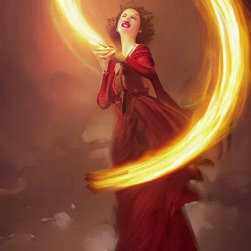 Image similar to A woman floats in midair, encircled by a ring of fire. She wears a crimson gown and her hair is wild and flowing. In her hands she holds a staff adorned with a large crystal ball, trending on artstation, by Lulu Chen and Mandy Jurgens