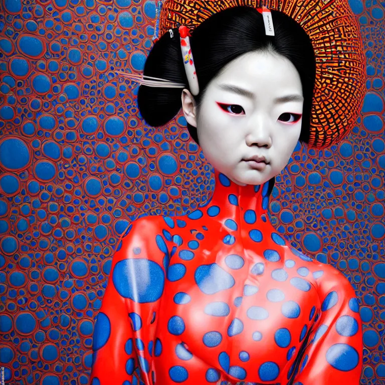 Image similar to hyperrealistic detailed image of a geisha in a art installation room, hd smooth interior by yayoi kusama, part by kei mieno, part by ross tran, dark art by james jean, ultra realistic, highly detailed, life like face, detailed body, 8 k, 3 d render by roger magrini, very cohesive, masterpiece