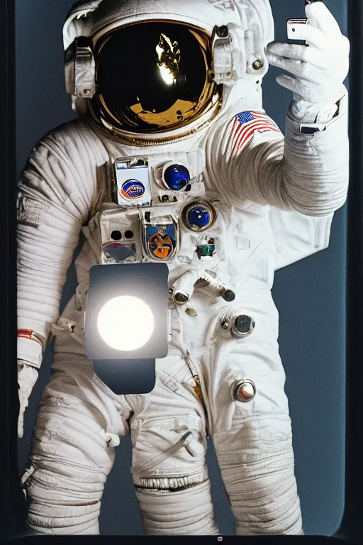 Prompt: extremely detailed studio portrait of space astronaut taking a selfie, holds a smart phone in one hand, phone!! held up to visor, reflection of phone in visor, moon, extreme close shot, soft light, golden glow, award winning photo by james van der zee