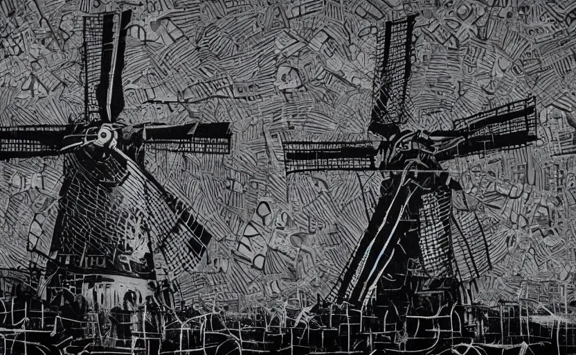 Prompt: mural of dutch windmill, black and white paint, stencil art, abstract, cyberpunk, painted on a giant wall