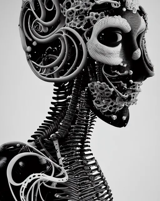 Prompt: black and white dreamy foggy profile face portrait, cyclope biomechanical beautiful young female cyborg - robot bust, body ribs meshes,, volumetric light, hibiscus flowers, by hg giger, rim light, by dora maar and cecile beaton, big gothic fashion pearl embroidered collar, 8 k