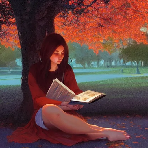 Image similar to hyperrealistic oil painting of a girl reading a book in park, street lighting, extremely fine details, realistic shaded lighting, artgerm, 8 k ultra realistic, highly detailed, art by christopher balaskas, alphonse mucha, craig mullins, alena aenami, laura sava