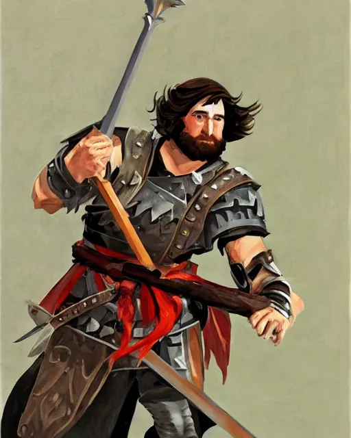 Image similar to hardwon surefoot, hirsute level 2 0 dnd human fighter wielding magical war hammer. full character concept art, realistic, high detail digital gouache painting by angus mcbride.