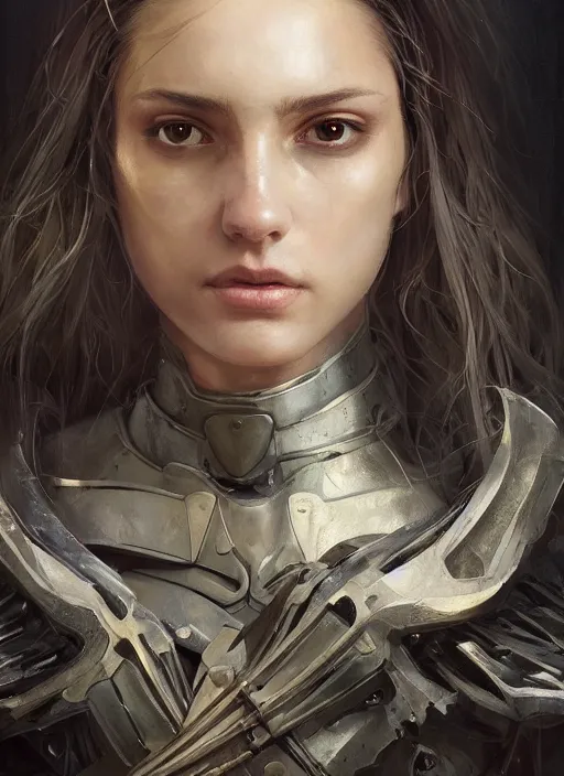 Image similar to a professional photographic portrait of a beautiful young female, partially clothed in battle armor, olive skin, long dark hair, beautiful bone structure, symmetrical facial features, intricate, elegant, digital painting, concept art, smooth, sharp focus, illustration, beautifully framed, from Metal Gear, by Ruan Jia and Mandy Jurgens and Artgerm and William-Adolphe Bouguerea