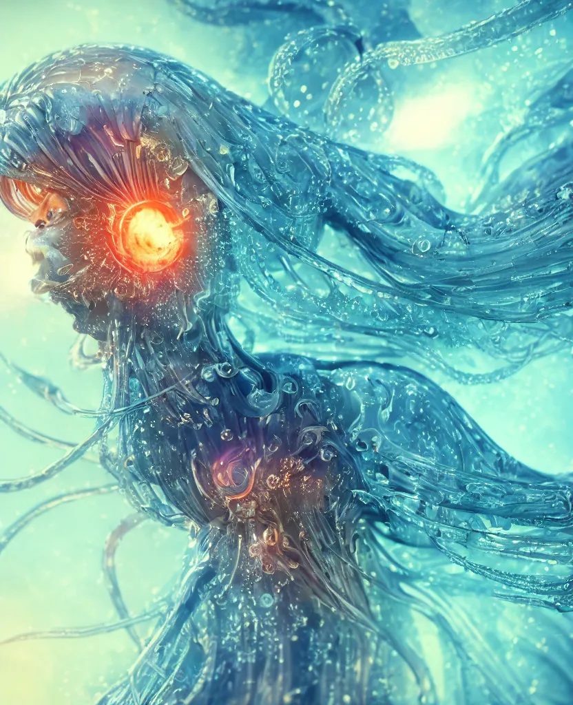 Image similar to close-up macro portrait of the face of a beautiful princess, epic angle and pose, symmetrical artwork, 3d with depth of field, blurred background, cybernetic jellyfish phoenix bird, translucent, nautilus, energy flows of water and fire. a highly detailed epic cinematic concept art CG render. made in Maya, Blender and Photoshop, octane render, excellent composition, cinematic dystopian brutalist atmosphere, dynamic dramatic cinematic lighting, aesthetic, very inspirational, arthouse. y Greg Rutkowski, Ilya Kuvshinov, WLOP, Stanley Artgerm Lau, Ruan Jia and Fenghua Zhong