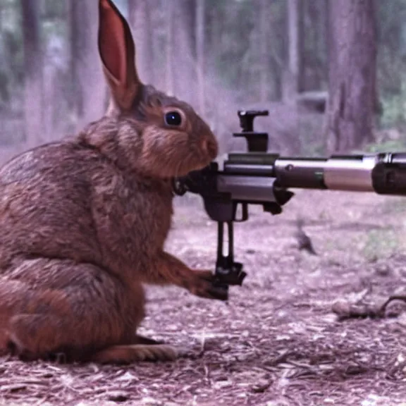 Image similar to mutant rabbit hellspawn shoots minigun, film still