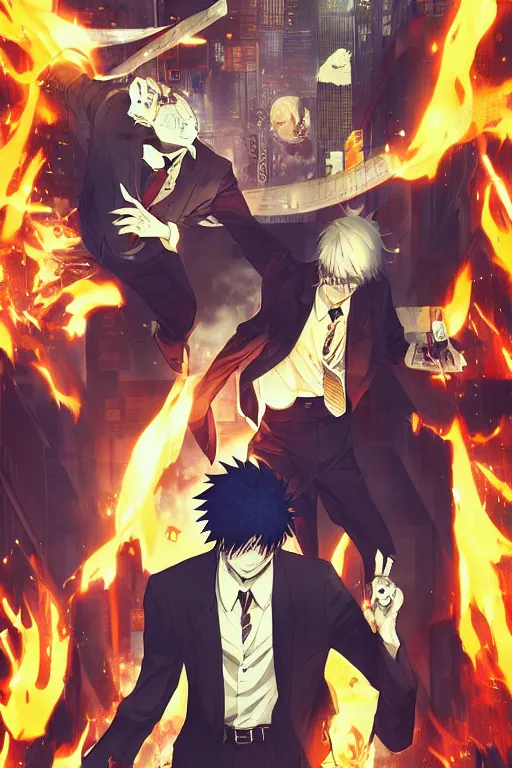 Prompt: manga cover, orange-headed businessman, intricate cyberpunk city, emotional lighting, character illustration by tatsuki fujimoto, chainsaw man, fire punch