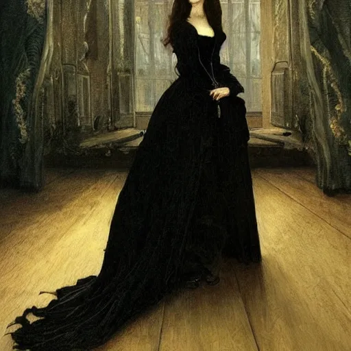 Image similar to A beautiful victorian woman, gothic dress, flowing hair, oil painting, portrait, dramatic lighting, masterpiece, painted by Caspar David Friedrich