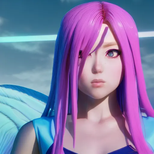 Image similar to extremely bright symmetrical image, taken from an extremely low angle at her feet, stunningly beautiful omnipotent anime goddess with pink hair and mesmerizing cyan eyes, unreal engine 5, 8 k