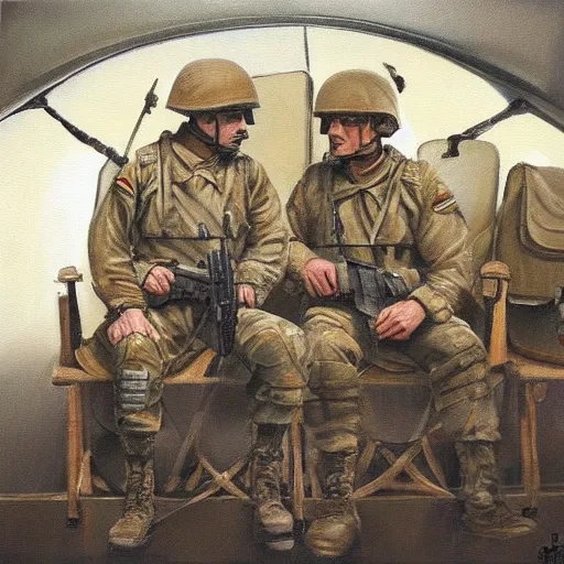 Image similar to an award winning painting of soldiers sitting inside a plane on their way to the battlefield, an emotionless look on their faces