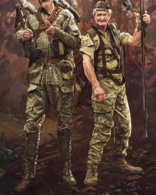 Prompt: full body 8 k photo of paul chuckle standing next to barry chuckle dressed as sas soldiers holding battle - axes, intricate, elegant, highly detailed, cinestill, digital painting, artstation, led dramatic lighting, sharp focus, by da vinci, artgerm and greg rutkowski and alphonse mucha