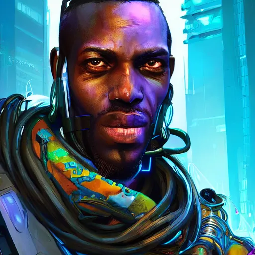 Image similar to a cyberpunk african necromancer, Apex Legends character digital illustration portrait design, by android jones, detailed, cinematic lighting, wide angle action dynamic portrait