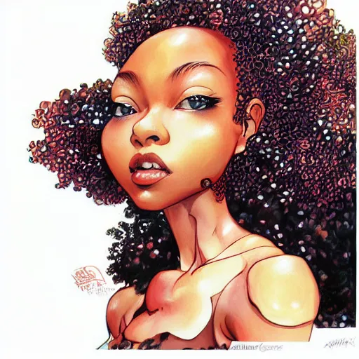 Image similar to black woman with afro serving mushrooms by artgerm yoshitaka amano