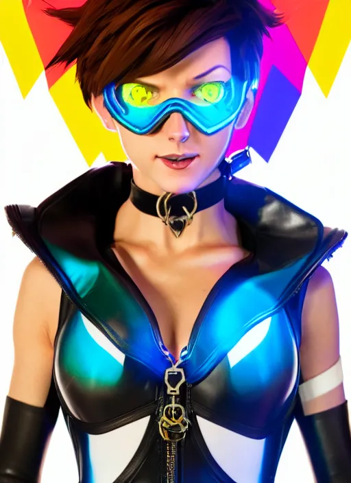 Image similar to portrait bust digital artwork of tracer overwatch, wearing iridescent rainbow latex and leather straps catsuit outfit, 4 k, expressive happy whistling face, makeup, in style of mark arian, angel wings, wearing detailed leather collar, chains, black leather harness, detailed face and eyes,