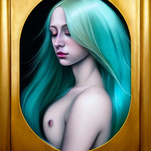 Image similar to portrait of girl with pale teal hair, luna moth, uniquely beautiful, fantasy, intricate, elegant, dramatic lighting, emotionally evoking symbolic metaphor, highly detailed, lifelike, photorealistic, digital painting, artstation, concept art, smooth, sharp focus, illustration, art by John Collier and Albert Aublet and Krenz Cushart and Artem Demura and Alphonse Mucha