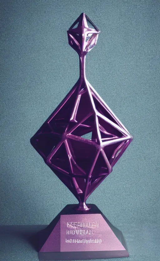 Image similar to a tall reflective very symmetrical polyhedral 3 d printed steel engineering trophy on a dark purple backdrop in a medieval themed castle in golden afternoon light, professional food photography