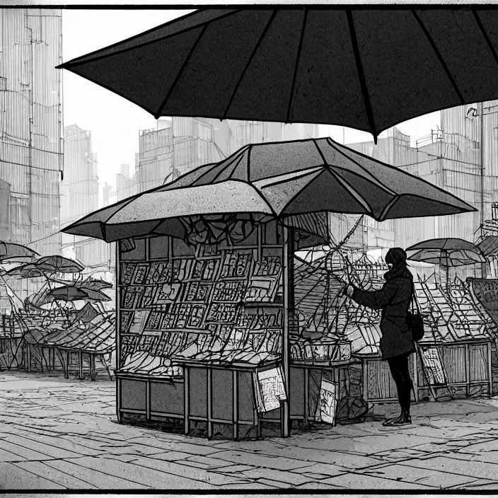 Image similar to close view of a tiny market stall. folded umbrellas for sale on the stall. set in a square. background of an old soviet monument. storyboard, scifi cyberpunk. by gabriel hardman, joe alves, chris bonura. cinematic atmosphere, detailed and intricate, perfect anatomy