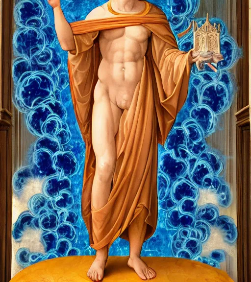 Image similar to hank hill wearing a white toga, emerging from blue fire, surrounded by blue flames, renaissance religious painting, late gothic religious paintings, byzantine religious art, painting by duccio di buoninsegna and carlo crivelli, detailed, trending on artstation