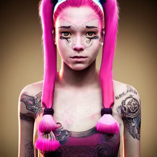 Image similar to An octane 3d render of a girl with pink pigtails, and face tattoos, 8d, HD, hyper detailed, intricate details, photorealistic, dynamic lighting, stunning visuals, creative, trending on art station,