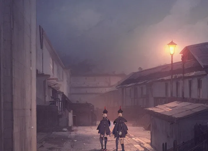 Image similar to 1 8 5 4 crimean war, army hospital in scutari at night, wounded patients in beds on both sides of hospital ward, dark, grimy, finely detailed perfect art, painted by greg rutkowski makoto shinkai takashi takeuchi studio ghibli