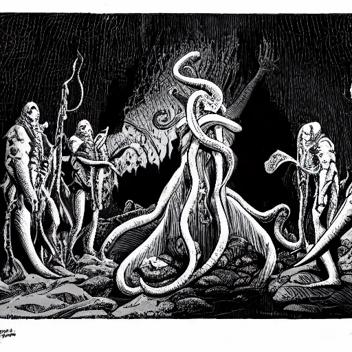 Prompt: Silhouettes of fishmen holding worshipping a statue of Cthulu in a dark cave. D&D. Pen and ink. Black and white. Mike Mignola.