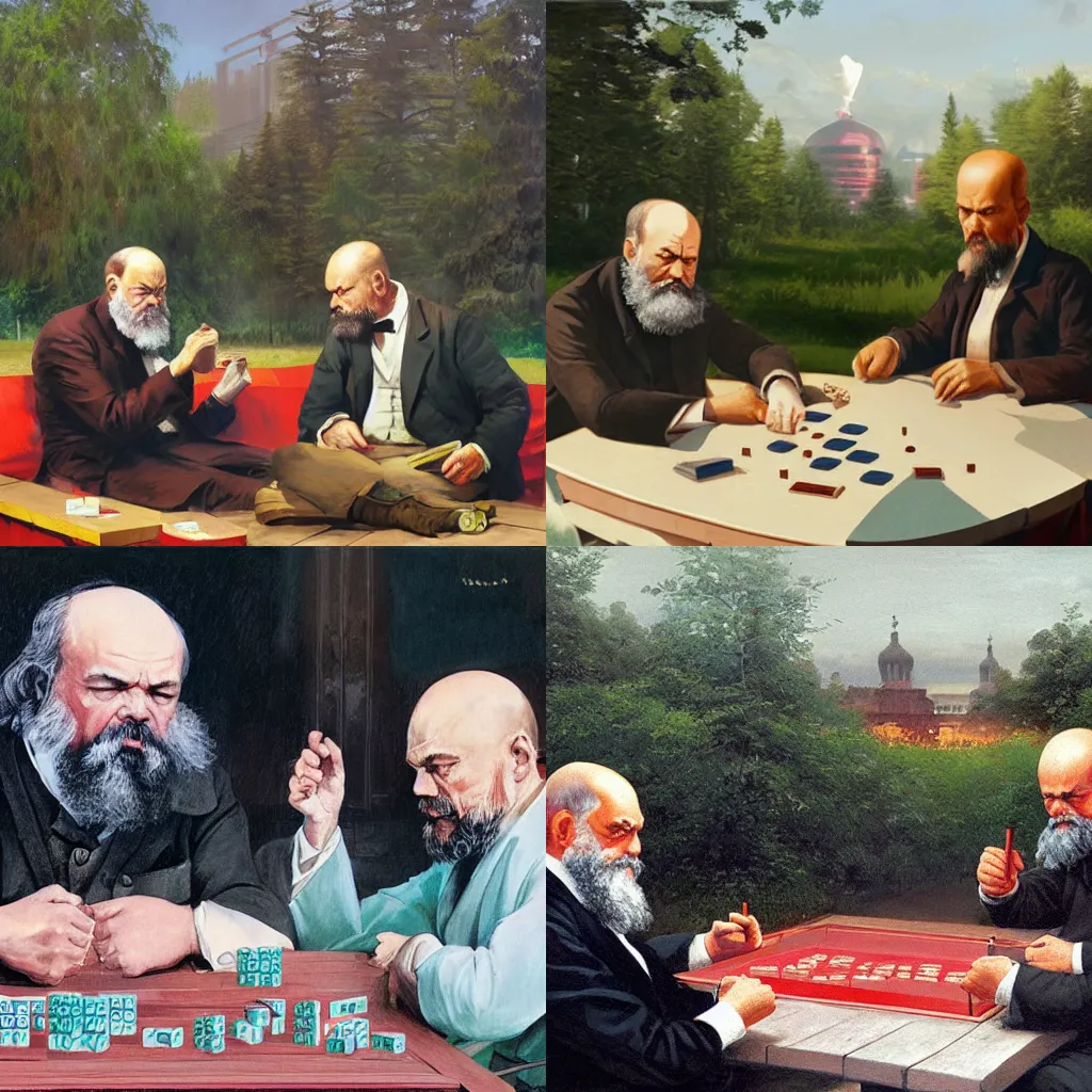 Prompt: karl marx and vladimir lenin playing mahjong in park by stalenhag and rutkowski, concept art, oil painting, detailed