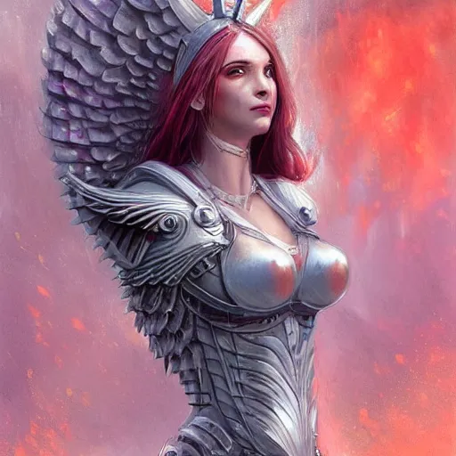 Image similar to woman - unicorn hybrid red angel - wings, stunning, thick armor that covers everything, shocked very wide open eyes very open eyes, realistic, symmetric portrait, face, intricate, very detailed, fantasy digital art, trending in artstation, marc simonetti